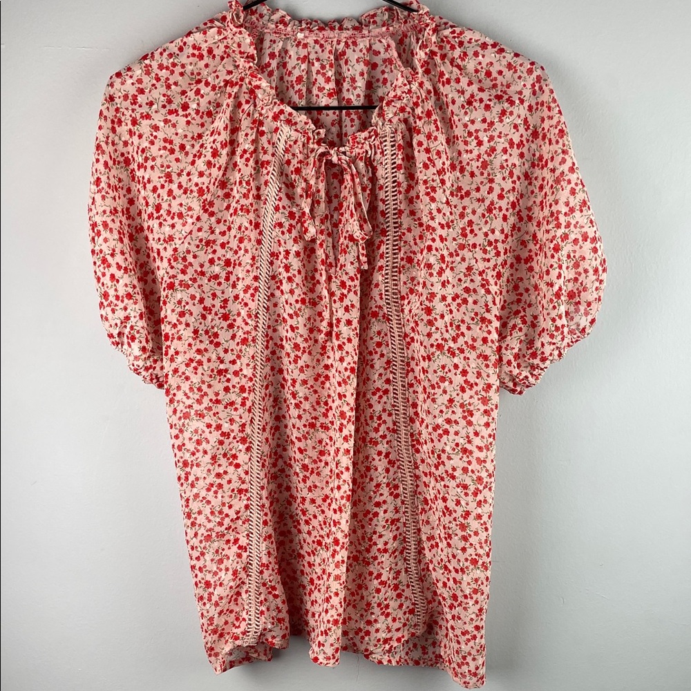 Red Floral Tie-Neck Sheer Blouse Size L